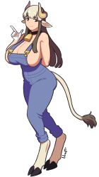 Rule 34 | 1girl, 2017, absurdres, animal ears, arm behind back, bell, blonde hair, blue overalls, blush, breasts, brown hair, cleavage, commentary, cow ears, cow girl, cow horns, cow tail, cowbell, english commentary, full body, gloves, highres, hooves, horns, huge breasts, index finger raised, lilirulu, looking at viewer, mil (monster musume), monster musume no iru nichijou, multicolored hair, neck bell, overalls, simple background, solo, tail, two-tone hair, white background, white gloves