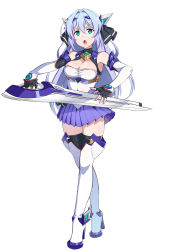 1girl :o aqua_gemstone armpits black_gloves black_ribbon black_thighhighs blue_hair blue_skirt boots breasts cleavage elbow_gloves exs-tia fingerless_gloves full_body gem gloves gozaru green_eyes hair_intakes hair_ribbon high_heels highres holding holding_sword holding_weapon katsuragi_marina kouyoku_senki_exs-tia long_hair looking_at_viewer medium_breasts open_mouth pleated_skirt ribbon shiny_skin simple_background skirt solo standing sword tachi-e thigh_boots thighhighs weapon white_background white_thighhighs zettai_ryouiki