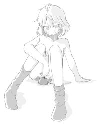 1girl ahoge bandaid bandaid_on_face breasts convenient_leg crab full_body greyscale highres kantai_collection looking_at_viewer monochrome nude oboro_(kancolle) romaji_commentary short_hair small_breasts socks tatahai