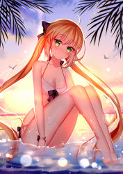1girl absurdres ahoge artoria_caster_(fate) artoria_pendragon_(fate) bare_legs bare_shoulders beach bikini bird black_bow blonde_hair blush bow bracelet breasts closed_mouth cloud cloudy_sky fate/grand_order fate_(series) full_body green_eyes hair_between_eyes hair_bow highres jewelry large_breasts long_hair ocean palms sky small_breasts smile sun sunlight swimsuit twintails very_long_hair water white_bikini xue_fengzi