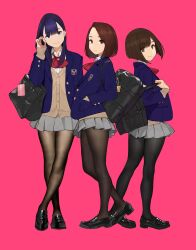 3girls absurdres aikawa_ren backpack bag blue_eyes blue_hair brown_eyes brown_hair full_body hand_on_pocket highres long_hair miru_tights moegi_homi multiple_girls nakabeni_yua original pantyhose pink_background school_uniform shoes short_hair skirt vest yomu_(sgt_epper)