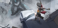 20cnanmin 2girls black_hat breasts building car character_request chinese_commentary commentary_request debris from_above from_behind grey_hair gun hat highres holding holding_gun holding_weapon jacket jacket_on_shoulders light_particles medium_breasts motor_vehicle multiple_girls on_car outdoors skyscraper snow snowbreak:_containment_zone weapon