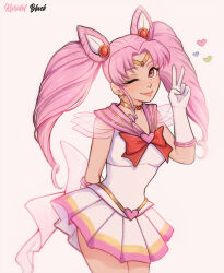 1girl aged_up bishoujo_senshi_sailor_moon bishoujo_senshi_sailor_moon_supers chibi_usa gloves heart highres kuridel_black lips long_hair magical_girl miniskirt one_eye_closed pink_eyes pink_hair sailor_chibi_moon see-through_clothes see-through_sleeves skirt super_sailor_chibi_moon twintails v very_long_hair white_background wink