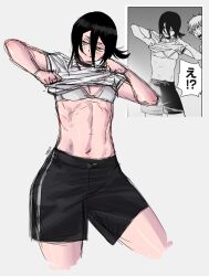Rule 34 | 1boy, 1girl, abs, absurdres, black hair, bra, chainsaw man, clothes lift, denji (chainsaw man), green eyes, highres, limn044, redrawn, reference inset, reze (chainsaw man), shirt, shirt lift, shorts, sketch, smile, underwear