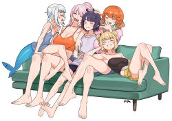 absurdres alternate_costume barefoot blonde_hair blue_hair breasts closed_eyes couch double_bun earrings feather_earrings feathers feet fins fish_tail gawr_gura grey_hair hair_bun highres hololive hololive_english holomyth jewelry large_breasts long_hair mori_calliope multicolored_hair ninomae_ina&#039;nis on_couch open_mouth orange_hair pink_hair pointy_ears purple_hair shark_girl shark_tail short_hair simple_background sitting sitting_on_lap sitting_on_person smile streaked_hair tail takanashi_kiara twintails virtual_youtuber watson_amelia white_background yan_jhia
