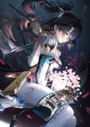 Rule 34 | 1girl, absurdres, aerial fireworks, aqua dress, black hair, blue eyes, bodystocking, bow, breasts, brown hair, closed mouth, commentary, dress, earrings, elbow sleeve, feet out of frame, fireworks, floating hair, from side, glasses, hair bow, highres, holding, holding paintbrush, jelmul, jewelry, legs together, looking down, medium breasts, multicolored eyes, multicolored hair, paintbrush, pink eyes, scroll, sitting, smile, solo, streaked hair, two-tone eyes, white bow, wuthering waves, yellow-framed eyewear, zhezhi (wuthering waves)