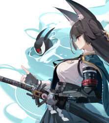 1girl animal_ear_fluff animal_ears aqua_jacket black_hair black_necktie black_skirt blunt_bangs breasts collared_shirt cowboy_shot eyeball fox_ears fox_girl gauntlets high-waist_skirt highres holding holding_sword holding_weapon hoshimi_miyabi jacket katana large_breasts long_hair necktie open_clothes open_jacket red_eyes ruiuncle shirt single_gauntlet skirt sword tailless_(zenless_zone_zero) weapon zenless_zone_zero