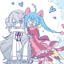 Rule 34 | &gt; &lt;, +++, 25-ji miku, 2girls, animal ears, arms around neck, back bow, bloomers, blue hair, blush stickers, bow, cat ears, cat tail, cleavage cutout, clothing cutout, dress, dual persona, empty eyes, expressionless, fang, foot up, gold trim, grey hair, hair between eyes, hair ornament, happy, hatsune miku, heart, heterochromia, hip vent, hug, interlocked fingers, jitome, long dress, long hair, multiple girls, neck ribbon, no mouth, no nose, own hands clasped, own hands together, pom pom (clothes), pom pom hair ornament, project sekai, red bloomers, red bow, red dress, red footwear, red ribbon, ribbon, shoes, short dress, simple background, solid circle eyes, star cutout, striped clothes, striped dress, tail, twintails, underwear, v arms, vertical-striped clothes, vertical-striped dress, very long hair, vocaloid, w0ndercurry, white background, white dress, wonderlands x showtime miku