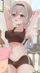 2girls alternate_costume alternate_hairstyle arm_up armpits arms_behind_head black_hairband black_jacket black_skirt blush breasts chuuna_(unagiunazy) closed_mouth collarbone crop_top earrings firefly_(honkai:_star_rail) grey_hair hair_between_eyes hair_ornament hairband highres honkai:_star_rail honkai_(series) jacket jewelry long_hair looking_at_viewer medium_breasts midriff multiple_girls navel open_clothes open_jacket open_mouth pink_eyes shirt skirt stelle_(honkai:_star_rail) stomach trailblazer_(honkai:_star_rail) underwear white_shirt