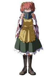 1girl apron bell book book_to_mouth boots bow brown_boots checkered_clothes checkered_kimono commentary_request covered_mouth frilled_apron frills full_body glasses green_skirt hair_bell hair_ornament highres holding holding_book inuno_rakugaki japanese_clothes jitome kimono knee_boots lace-up_boots long_sleeves looking_at_viewer motoori_kosuzu red-framed_eyewear red_eyes red_hair red_kimono semi-rimless_eyewear shirt shirt_under_kimono short_hair simple_background skirt solo sparkle standing straight-on touhou twintails two-tone_kimono under-rim_eyewear waist_bow white_background white_kimono white_shirt wide_sleeves yellow_apron