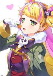 Rule 34 | 1girl, blonde hair, blunt bangs, bow, busou kanojo, coat, double bun, food, fruit, fur collar, gloves, green coat, green eyes, hair bow, hair bun, hair ornament, hairband, heart, highres, holding, holding food, jitome, long hair, looking at viewer, mafuyu anzu, multicolored hair, pink hair, purple hairband, ringozaka mariko, signature, skull hair ornament, solo, streaked hair, tassel, two-tone hair, upper body, virtual youtuber, white background, white gloves