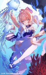 Rule 34 | 1girl, absurdres, air bubble, bare shoulders, blue hair, bow-shaped hair, bubble, closed mouth, colored tips, detached sleeves, floating hair, genshin impact, gloves, half gloves, highres, imasaki kei, jellyfish, long hair, long sleeves, looking at viewer, multicolored hair, pink hair, sandals, sangonomiya kokomi, smile, solo, tabi, thick eyebrows, thighhighs, underwater, white gloves, white thighhighs
