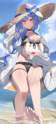 1girl adjusting_clothes adjusting_headwear animal_ears barefoot beach bikini black_bikini black_choker blood blue_hair blue_sky blush bow braid braided_ponytail breasts carrot_in_pocket choker cleavage closed_mouth cloud coat commentary_request creature cumulonimbus_cloud day extra_ears frilled_bikini frills fur-trimmed_jacket fur_trim hair_bow hair_over_shoulder halterneck hand_up hat highres holding holding_creature hololive jacket large_breasts long_hair multicolored_hair nosebleed ocean on_innertube outdoors pekomama pekomon_(usada_pekora) pendora1022 rabbit-shaped_pupils rabbit_ears rabbit_girl rabbit_tail red_eyes short_eyebrows sitting sky smile soaking_feet soles solo straw_hat sun_hat swim_ring swimsuit symbol-shaped_pupils tail thick_eyebrows thigh_strap toes two-tone_hair white_bow white_coat white_hair wide_brim