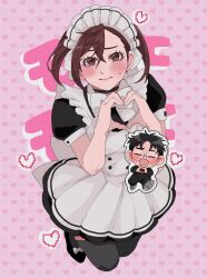 1boy 1girl apron ayase_momo black_choker black_dress black_footwear black_hair black_jacket black_pants black_thighhighs blush bow bowtie brown_eyes brown_hair chibi choker closed_eyes closed_mouth commentary dandadan dress embarrassed eyelashes facing_viewer frilled_hairband frills full_body gakuran glasses hair_between_eyes hairband heart heart_background heart_hands highres jacket looking_at_viewer maid maid_apron maid_headdress moe_moe_kyun! official_alternate_costume official_alternate_hairstyle pants puffy_short_sleeves puffy_sleeves round_eyewear school_uniform short_hair short_sleeves sweat sweatdrop takakura_ken_(dandadan) thighhighs twintails wasadi white_apron white_bow white_bowtie white_hairband