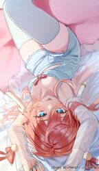 Rule 34 | 1girl, absurdres, antlers, aqua hair, closed mouth, deer antlers, genshin impact, highres, horns, imasaki kei, indoors, long hair, long sleeves, looking at viewer, lying, midriff, navel, on back, on bed, pink hair, pink shirt, shirt, shorts, smile, solo, thighhighs, tongue, tongue out, twitter username, upside-down, white thighhighs, yanfei (genshin impact)
