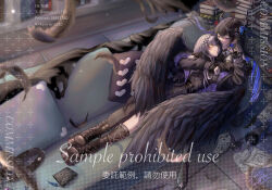 2girls absurdres bird black_boots black_coat black_dress black_feathers black_hair black_thighhighs black_wings blue_hair book book_stack boots coat colored_inner_hair couch crow dress feathers grey_hair highres hololive hololive_english indoors long_hair multicolored_hair multiple_girls nerissa_ravencroft nerissa_ravencroft_(1st_costume) on_couch purple_eyes sample_watermark shiori_novella shiori_novella_(1st_costume) single_thighhigh split-color_hair thighhighs two-tone_hair virtual_youtuber watermark wings yellow_eyes yorick_(shiori_novella) yuri zolomon_(jarvis_lin)