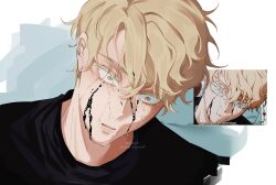111179pwkag11 1boy alien_stage black_blood black_shirt blonde_hair blood blood_on_face colored_eyelashes commentary crying crying_with_eyes_open english_commentary highres luka_(alien_stage) male_focus reference_inset screenshot_inset shirt short_hair tears very_short_hair wide-eyed yellow_eyes