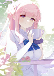 1girl absurdres blue_archive blue_bow blue_bowtie blunt_bangs blurry bow bowtie breast_rest breasts breasts_on_table chinese_commentary commentary_request cup depth_of_field dress elbow_rest flower gradient_eyes hair_bun halo highres holding holding_cup large_breasts light_blush light_particles long_hair mika_(blue_archive) mug multicolored_eyes orange_eyes outdoors pink_eyes pink_flower pink_hair pink_rose purple_halo purple_scrunchie rose scrunchie signature single_hair_bun single_sidelock sitting smile solo two-tone_eyes white_dress white_wings wings wrist_scrunchie ximilulu