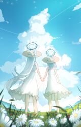 2girls absurdres animal_ears blue_archive blue_halo blue_sky broken_halo cloud cloudy_sky commentary dress ears_through_headwear english_commentary flower frilled_dress frills grass grey_hair halo hat highres holding_hands long_hair multiple_girls shiroko_(blue_archive) shiroko_terror_(blue_archive) short_hair sky spaghetti_strap straw_hat sundress very_long_hair white_dress wolf_ears wolf_girl xndrive