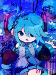 1girl blue_eyes blue_hair blue_theme deformed dot_nose hatsune_miku highres leg_tattoo looking_at_viewer necktie number_tattoo open_mouth sleeves_past_fingers sleeves_past_wrists solo tattoo vocaloid yknsugar