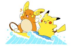 alolan_form alolan_raichu closed_eyes commentary commission creature creature_focus english_commentary gen_1_pokemon gen_7_pokemon gotchibam ko-fi_commission nintendo no_humans open_mouth outstretched_arms pikachu pokemon pokemon_(creature) pokemon_focus sidelighting simple_background smile surfboard surfing water waves white_background