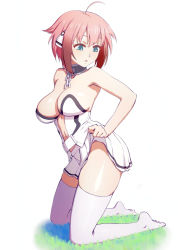 1girl ahoge bare_shoulders breasts center_opening chain collar gradient_hair green_eyes highres ikaros kneeling large_breasts lifting_own_clothes long_hair looking_back miniskirt multicolored_hair no_panties pink_hair pleated_skirt revealing_clothes shirt short_hair skirt sora_no_otoshimono strapless strapless_shirt thighhighs thighs white_skirt white_thighhighs wings zettai_ryouiki zoryc