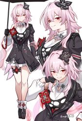 Rule 34 | 1girl, absurdres, artist name, asymmetrical clothes, asymmetrical dress, asymmetrical sleeves, bare legs, black dress, black flower, black gloves, black sleeves, blush, bonz (bonz0616), breasts, collarbone, commentary, detached sleeves, dress, english commentary, evernight (honkai: star rail), flower, flower ornament, fold-over boots, full body, gloves, hair between eyes, hair flower, hair intakes, hair ornament, hair over shoulder, hairclip, half gloves, hand on own cheek, hand on own face, head rest, highres, holding, holding umbrella, honkai: star rail, honkai (series), long hair, looking at viewer, march 7th (honkai: star rail), medium breasts, multiple views, official alternate costume, official alternate eye color, official alternate hairstyle, parallel hairclips, pink hair, pink shawl, puffy sleeves, red eyes, red flower, shawl, sidelocks, sideways glance, simple background, single detached sleeve, single sleeve, sleeveless, sleeveless turtleneck, slime (substance), smile, smirk, solo, standing, thigh strap, turtleneck, twintails, umbrella, upper body, very long hair, white background, white sleeves, white wrist cuffs, wrist cuffs
