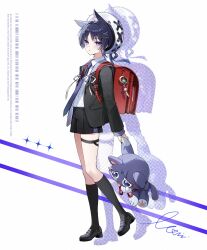 1boy alternate_costume anemo_symbol_(genshin_impact) animal_ear_fluff animal_ears animalization aqua_gemstone arm_at_side aventurine_(honkai:_star_rail) backpack bag barcode beret black_jacket black_shoes black_shorts black_sleeves black_socks blush cat_boy cat_ears collared_shirt drop_shadow english_text eye_contact eyeliner eyeshadow feathers full_body gem genshin_impact gold hakama hakama_shorts hat highres holding holding_stuffed_toy honkai:_star_rail honkai_(series) jacket japanese_clothes kneehighs long_sleeves looking_at_another looking_at_viewer makeup male_focus monini necktie open_clothes open_jacket person_and_animalization pleated_shorts pom_pom_(clothes) purple_eyes purple_necktie randoseru red_eyeliner red_eyeshadow ribbon scaramouche_(cat)_(genshin_impact) scaramouche_(genshin_impact) school_uniform shirt shoes short_shorts shorts signature socks solo source_quote stuffed_animal stuffed_toy thigh_strap tsurime vision_(genshin_impact) white_hat white_ribbon white_shirt yellow_feathers