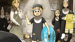 6+girls :d apron bird blonde_hair blue_eyes blue_innertube brown_hair cat chicken clumsy_nun_(diva) commentary diva_(hyxpk) duck english_commentary froggy_nun_(diva) glasses_nun_(diva) grey_apron hedgehog hedgehog_on_head highres innertube little_nuns_(diva) mole mole_on_cheek motion_blur multiple_girls note nun old-fashioned_swimsuit open_mouth round_eyewear shirt smile spicy_nun_(diva) strict_nun&#039;s_mother_(diva) strict_nun_(diva) swim_cap swim_ring traditional_nun triangle_mouth unworn_eyewear v white_shirt yellow_swimsuit