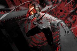 1boy black_necktie black_pants blood blood_on_clothes bloody_weapon chainsaw chainsaw_man collared_shirt debris denji_(chainsaw_man) erotipop glowing glowing_eyes highres hybrid midair monochrome necktie pants red_background sharp_teeth shirt solo spot_color teeth weapon white_shirt