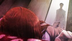 1boy 1girl adam&#039;s_apple belt black_hair blood brown_hair brown_jacket brown_pants clenched_teeth collarbone corpse death doorway dutch_angle facial_hair from_below highres huke indoors jacket jacket_partially_removed lab_coat lapels long_hair long_sleeves looking_at_another lying makise_kurisu messy_hair non-web_source notched_lapels object_in_pocket official_art okabe_rintarou on_stomach pants pen_in_pocket pocket ringed_eyes science_adventure shirt short_hair standing steins;gate stubble t-shirt teeth very_short_hair white_shirt yellow_eyes