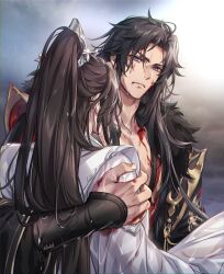 2boys absurdres black_hair black_hanfu blood blood_from_forehead blood_on_chest blood_on_clothes blood_on_face blood_on_hands brown_hair chinese_clothes chu_wanning closed_mouth erha_he_tadebai_mao_shizun fur-trimmed_robe fur_trim half_updo hand_on_another&#039;s_arm hanfu high_ponytail highres korean_commentary long_hair long_sleeves looking_at_another male_focus mo_ran multiple_boys open_clothes outdoors ponytail purple_eyes robe taxian-jun upper_body wet wet_clothes wet_hair white_hanfu xiao_guan_(headdress) zehel_az