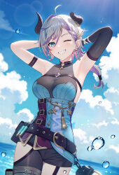 1girl ahoge armpits arms_behind_head arms_up atelier_(series) atelier_resleriana belt black_belt black_shorts blue_eyes blue_sky breasts broken_horn cloud comiket_104 commentary_request cowboy_shot day demon_horns elbow_gloves gloves hair_between_eyes halterneck highres horns large_breasts long_hair looking_at_viewer multicolored_hair multiple_belts official_art one_eye_closed open_mouth outdoors purple_hair second-party_source shirt shorts sky smile solo standing tassel tokki two-tone_hair valeria_(atelier) vial water water_drop