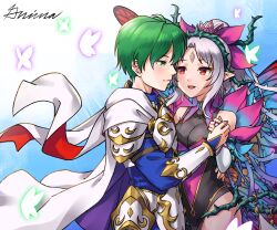 1boy 1girl arm_around_waist armor black_leotard blue_background blue_tunic breastplate breasts bug butterfly cape ced_(fire_emblem) cleavage cleavage_cutout clothing_cutout collar couple covered_navel cowboy_shot crotch_plate curtained_hair facial_mark fairy fairy_wings faulds fire_emblem fire_emblem:_genealogy_of_the_holy_war fire_emblem_heroes floating_cape floating_scarf forehead_mark glowing_butterfly green_eyes green_hair grey_hair grimaisbestwaifu groin hair_ornament hand_on_another&#039;s_waist hetero highres holding_hands hug insect leotard light_blush looking_at_another medium_breasts nintendo parted_bangs pauldrons pink_collar pink_leotard plumeria_(fire_emblem) pointy_ears ponytail puritan_collar purple_cape red_eyes red_scarf scarf see-through_cleavage see-through_clothes short_hair shoulder_armor signature leotard smile thorns tunic two-sided_cape two-sided_fabric two-sided_scarf vambraces white_armor white_background white_cape wings