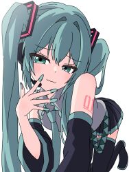 1girl :3 absurdres all_fours aqua_eyes aqua_hair aqua_nails aqua_necktie arm_tattoo black_skirt black_sleeves black_thighhighs blush collared_shirt detached_sleeves fingernails hair_between_eyes hashtag-only_commentary hatsune_miku head_tilt heart highres long_hair looking_at_viewer miniskirt necktie number_tattoo pleated_skirt shirt simple_background skirt sleeveless sleeveless_shirt snake_mouth solo tattoo thighhighs twintails unenemiko vocaloid white_background zettai_ryouiki