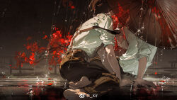 2boys autumn autumn_leaves barefoot belt blue_pants brown_belt brown_hair check_copyright chinese_commentary collared_shirt commentary_request copyright_request feet fingernails full_body hands_on_ground height_difference highres holding holding_umbrella imminent_kiss leaf long_sleeves male_focus moruki multiple_boys multiple_torii night oil-paper_umbrella original outdoors pants rain red_umbrella shared_umbrella shirt short_hair sleeves_past_wrists sparkle storm strap_slip suspenders teeth toenails toes torii umbrella water_drop watermark weibo_watermark white_shirt yaoi