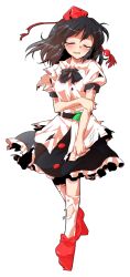 1girl arm_across_waist black_bow black_bowtie black_hair black_skirt black_sleeve_cuffs bow bowtie closed_eyes crying dairi defeat footwear_bow frilled_skirt frills full_body geta hat holding_own_arm puffy_short_sleeves puffy_sleeves red_bow red_hat red_shoes shameimaru_aya shirt shoes short_sleeves simple_background skirt socks solo tachi-e tears tengu-geta tokin_hat torn_clothes torn_socks touhou white_shirt white_socks