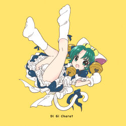 &lt;|&gt;_&lt;|&gt; 1girl :d animal_hat anzu_yoshihiro apron arm_between_legs bell blue_dress cat_hat cat_tail copyright_name curtained_hair dejiko di_gi_charat di_gi_charat_(1999) dress frilled_apron frilled_dress frills full_body gloves green_eyes green_hair hair_bell hair_ornament hat jingle_bell legs_up looking_at_viewer neck_bell open_mouth paw_shoes puffy_short_sleeves puffy_sleeves ribbon shoes short_hair short_sleeves simple_background smile solo tail tail_ornament tail_ribbon two_side_up white_apron white_gloves white_hat white_shoes yellow_background