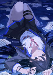 1girl absurdres asahinakoru black_hair blue_eyes breasts dress_shirt highres hoshino_ichika_(project_sekai) jacket long_hair long_sleeves looking_at_viewer lying on_back paper project_sekai school_uniform shirt skirt solo white_shirt