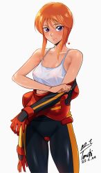 1girl absurdres bare_shoulders black_bodysuit blush bodysuit breasts camisole closed_mouth dated female_focus gloves gundam gundam_zz hair_between_eyes heart highres looking_at_viewer mecha_pilot_suit normal_suit_(gundam) orange_hair purple_eyes puru_two red_gloves see-through_clothes see-through_shirt shirt short_hair sidelocks signature simple_background small_breasts solo sweat white_background yoo_tenchi