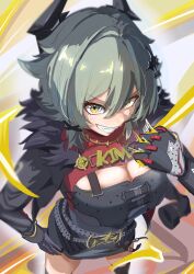 1girl absurdres black_dress black_gloves black_jacket breasts caesar_king_(zenless_zone_zero) cleavage dress from_above fur_collar gloves green_hair grin highres jacket large_breasts padded_gloves smile solo tight_clothes tight_dress tora_(kumo_sakamoto) yellow_eyes zenless_zone_zero
