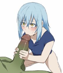 2boys :&gt;= androgynous blue_hair blue_shirt bottomless colored_eyelashes erection green_penis hand_on_penis kissing_penis kneeling large_penis multiple_boys penis penis_grab petite rigurudo_(tensura) rimuru_tempest shirt shoganight short_hair simple_background tensei_shitara_slime_datta_ken testicles trap uncensored white_background yaoi yellow_eyes