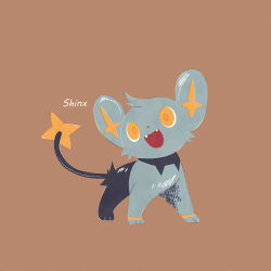 animal_focus brown_background character_name fangs gen_4_pokemon highres kashima_miyako nintendo no_humans open_mouth orange_eyes pokemon pokemon_(creature) shinx simple_background solo standing