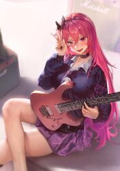 Rule 34 | black bow, black collar, black hairband, black nails, blurry edges, blush, bow, bow hairband, breasts, collar, collarbone, collared shirt, commentary, cursive, double-parted bangs, english commentary, fang, feet out of frame, film grain, from above, guitar, hair between eyes, hairband, hand up, highres, holding, holding guitar, holding instrument, instrument, large breasts, long bangs, long hair, long sleeves, looking at viewer, miniskirt, mn374390, nail polish, necktie, on floor, open mouth, phase connect, pink hair, pleated skirt, purple eyes, purple necktie, purple skirt, purple sweater, runie ruse, shirt, sitting, skin fang, skirt, smile, star pin, sweater, v, v-neck, v-shaped eyebrows, very long hair, virtual youtuber, white shirt, wing collar