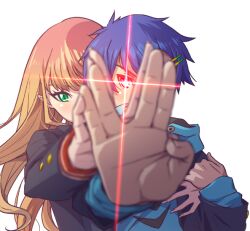1boy 1girl asanaka_yomogi blue_hair brown_hair couple glowing glowing_eye green_eyes gridman_universe hair_ornament hairclip hetero hood hoodie instance_domination jacket kuroda_asaki long_hair long_sleeves minami_yume red_eyes school_uniform shirt short_hair simple_background ssss.dynazenon upper_body white_background