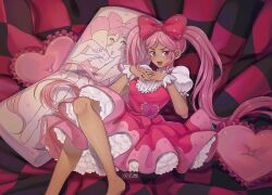 1girl :d \||/ absurdres barefoot blush bow commentary dakimakura_(object) dark-skinned_female dark_skin dress english_commentary feet_out_of_frame frilled_pillow frilled_sleeves frills hair_bow hands_up heart heart-shaped_pillow heart_in_eye highres knee_up lips long_hair medium_dress omori open_mouth own_hands_together petticoat pillow pink_dress pink_eyes pink_hair pink_pillow polka_dot polka_dot_bow puffy_short_sleeves puffy_sleeves red_bow shirt short_sleeves sidelocks sitting sleeveless sleeveless_dress smile solo sweetheart_(omori) symbol_in_eye tongue twintails v-shaped_eyebrows very_long_hair vignetting white_shirt yuevander