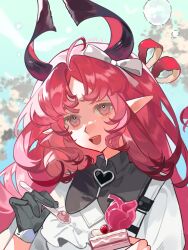 1girl :d absurdres arknights black_gloves bow cake cake_slice chinese_commentary commentary_request cream dated food fruit gloves hair_bow highres holding holding_spoon long_hair nymph_(arknights) open_mouth parted_bangs pink_eyes pink_hair pointy_ears round_teeth shenbeining79537 smile solo spoon strawberry teeth upper_body upper_teeth_only white_bow