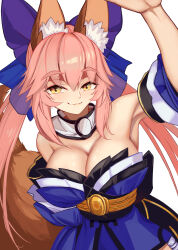 1girl animal_ear_fluff animal_ears bare_shoulders blue_bow blue_kimono blush bow breasts cleavage detached_collar detached_sleeves fate/extra fate_(series) fox_ears fox_girl fox_tail hair_between_eyes hair_bow highres japanese_clothes kapi-san kimono large_breasts long_hair looking_at_viewer obi pink_hair sash sidelocks smile solo tail tamamo_(fate) tamamo_no_mae_(fate/extra) twintails wide_sleeves yellow_eyes