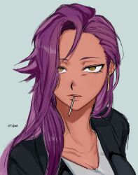 1girl artist_name black_jacket bleach collarbone dark-skinned_female dark_skin earrings female_focus hair_down highres jacket jewelry lips long_hair p_glansk purple_hair shihouin_yoruichi upper_body yellow_eyes