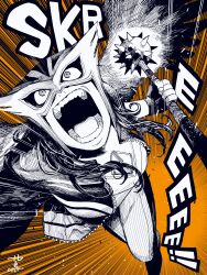 Rule 34 | 1girl, absurdres, bodysuit, breasts, commentary, dc comics, feathered wings, feathers, fingerless gloves, fingernails, flying, gloves, greyscale with colored background, hawkgirl, helmet, highres, holding, holding mace, holding weapon, jacket, long hair, looking at viewer, mace, male focus, manabu yashiro, mask, medium breasts, muscular, open mouth, screaming, sharp teeth, skin tight, sleeveless, solo, spikes, superman (series), sweat, teeth, tight clothes, weapon, wings